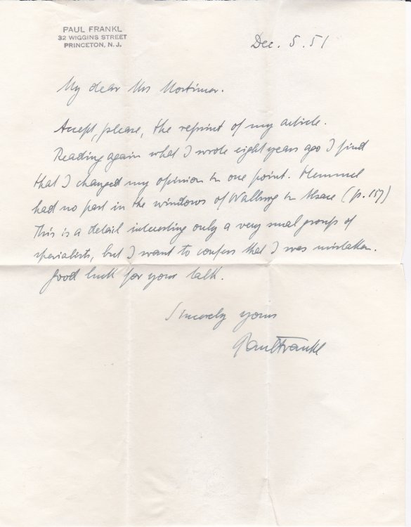 AUTOGRAPH LETTER SIGNED BY PAUL FRANKL CONCERNING HIS EARLIER STATEMENTS REGARDING PETER HEMMEL AND THE WINDOWS OF WALBOURG IN ALSACE.