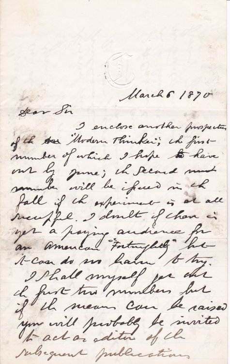 A 3-PAGE AUTOGRAPH LETTER SIGNED BY THE POSITIVIST JOURNALIST DAVID GOODMAN CROLY, Addressed to the American Philosopher and Historian JOHN FISKE.