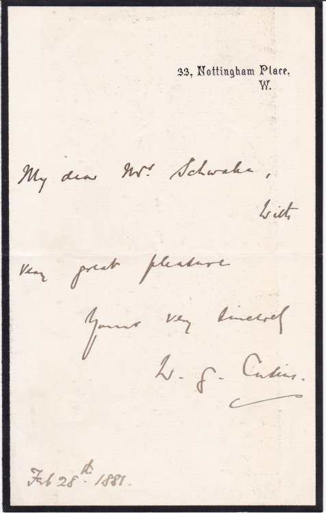 AUTOGRAPH NOTE SIGNED BY WILLIAM CUSINS.