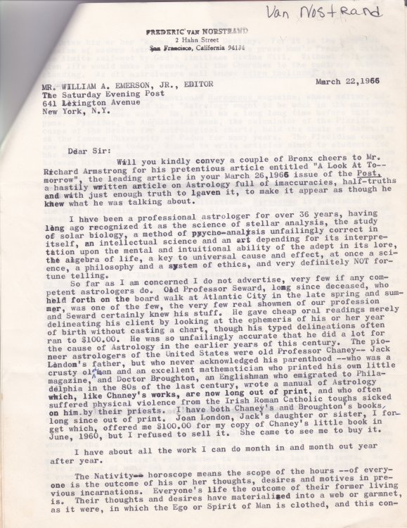 A 6-PAGE TYPED LETTER SIGNED TO THE SATURDAY EVENING POST in defense of Astrology by the AMERICAN ASTROLOGER FREDERIC VAN NORSTRAND.