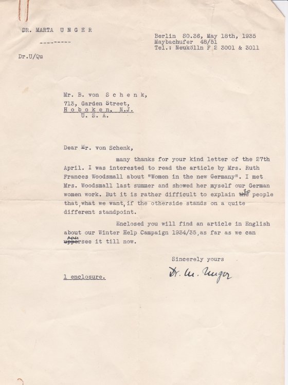 TYPED LETTER SIGNED BY MARTA UNGER OF THE REICHSFRAUENFUHRUNG ENCLOSING INFORMATION ON THE GOVERNMENT'S WINTERHILFSWERK PROGRAM.
