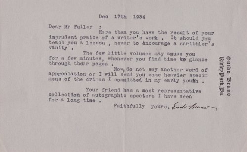 TYPED LETTER SIGNED BY GUIDO BRUNO TO A MR. FULLER.