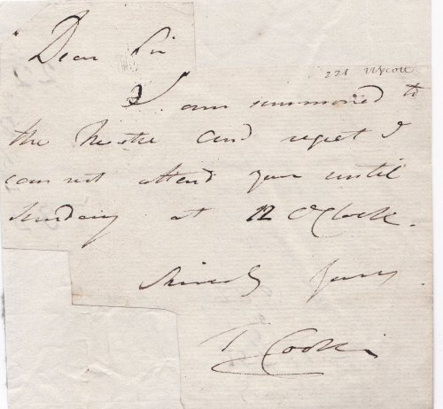 Image for AUTOGRAPH NOTE SIGNED BY IRISH COMPOSER THOMAS COOKE. AUTOGRAPH NOTE SIGNED BY IRISH COMPOSER THOMAS COOKE.