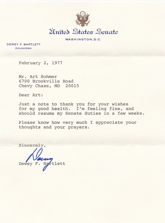TYPED LETTER SIGNED TO ARTHUR SOHMER, FORMER CHIEF-OF-STAFF OF VICE PRESIDENT SPIRO AGNEW, SIGNED BY U.S. SENATOR DEWEY FOLLETT BARTLETT, SR.