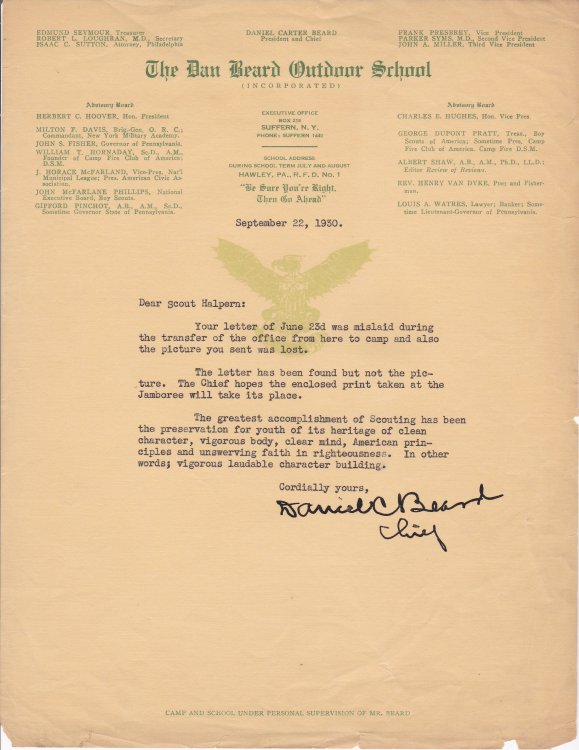 TYPED LETTER SIGNED BY DANIEL C. BEARD AS CHIEF OF THE DAN BEARD OUTDOOR SCHOOL TO THE 17-YEAR OLD SCOUT SEYMOUR HALPERN, WHO WOULD LATER BE ELECTED TO THE U.S. CONGRESS.
