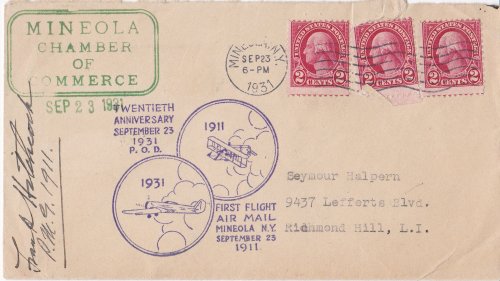 THE FORMER POSTMASTER GENERAL FRANK HITCHCOCK'S AUTOGRAPH ON AN ENVELOPE COMMEMORATING THE 20TH ANNIVERSARY OF THE FIRST AIR MAIL FLIGHT.
