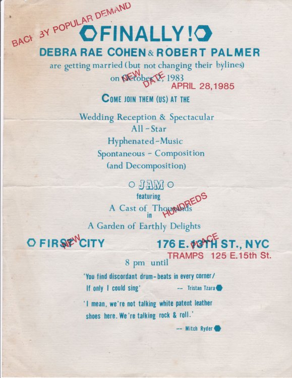 FINALLY! DEBRA RAE COHEN & ROBERT PALMER ARE GETTING MARRIED (but not changing their bylines) on October 2, 1983.