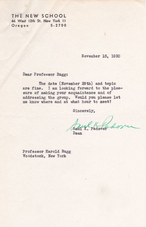 TYPED LETTER SIGNED BY HISTORIAN AND POLITICAL SCIENTIST SAUL K. PADOVER AS DEAN OF THE NEW SCHOOL FOR SOCIAL RESEARCH.