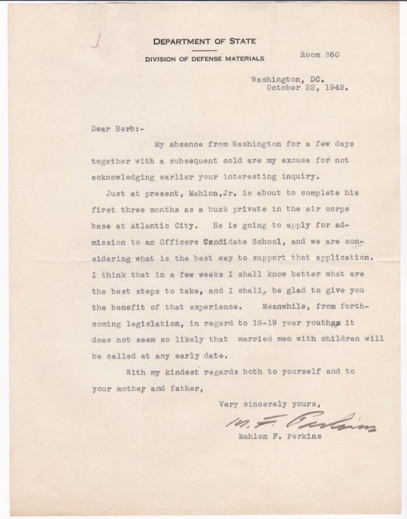 TYPED LETTER SIGNED BY AMERICAN DIPLOMAT MAHLON F. PERKINS REGARDING AN APPLICATION TO OFFICER CANDIDATE SCHOOL AND THE DRAFT.