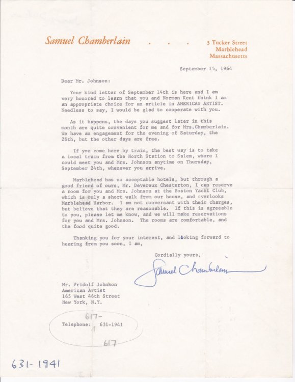 A CORRESPONDENCE between the ARTIST & ILLUSTRATOR SAMUEL CHAMBERLAIN and EXECUTIVE EDITOR FRIDOLF JOHNSON, regarding an article in AMERICAN ARTIST MAGAZINE. The correspondence includes Typed Letters Signed by Chamberlain and Original Photographs.