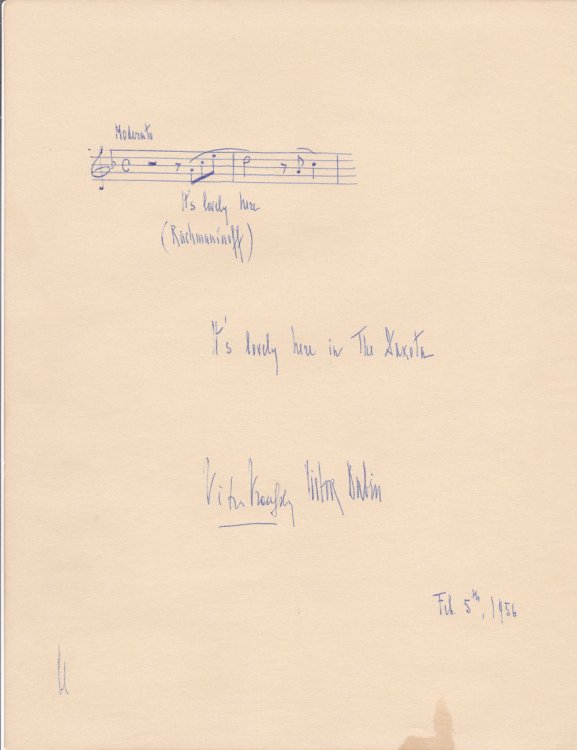 AUTOGRAPH MUSICAL QUOTATION IN VICTOR BABIN'S HAND SIGNED BY DUO PIANO TEAM VRONSKY & BABIN.