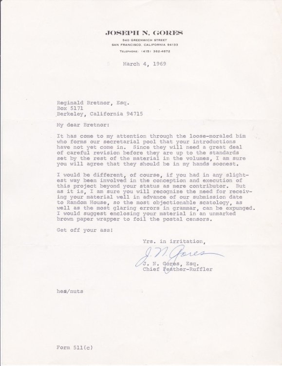 6 TYPED LETTERS SIGNED by the AMERICAN MYSTERY WRITER JOE GORES to his friend the SCIENCE FICTION WRITER REGINALD BRETNOR.