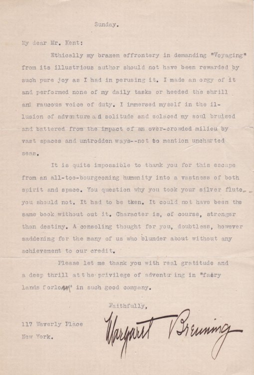 TYPED LETTER SIGNED by New York Evening Post critic Margaret Breuning, addressed to ROCKWELL KENT praising his book 