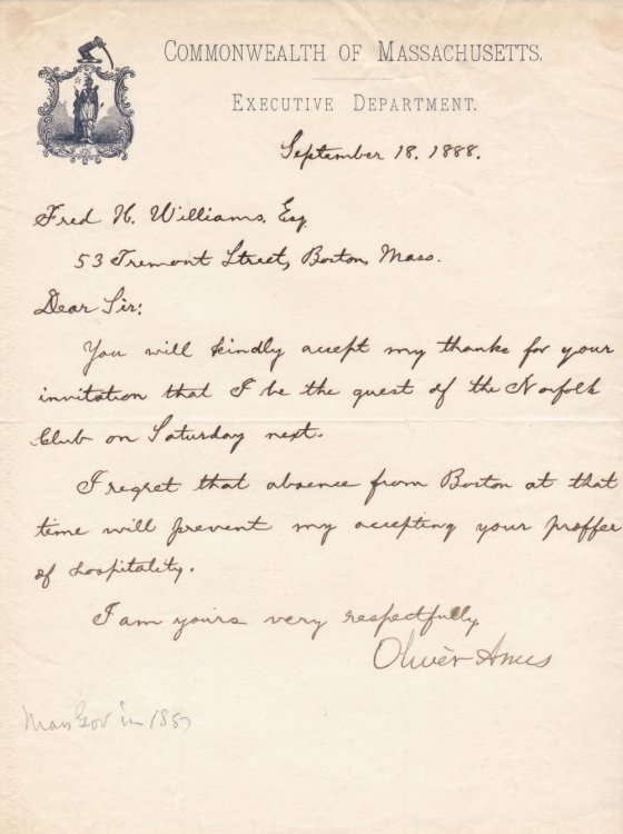 AUTOGRAPH LETTER SIGNED BY MASSACHUSETTS GOVERNOR OLIVER AMES.