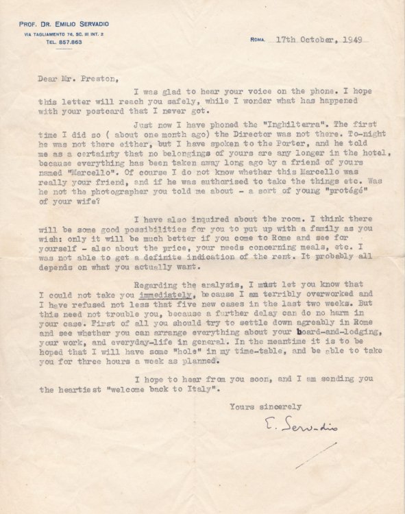 TYPED LETTER SIGNED by the ITALIAN FREUDIAN PSYCHOANALIST EMILIO SERVADIO to the author JOHN HYDE PRESTON, regarding taking the author on as a patient.