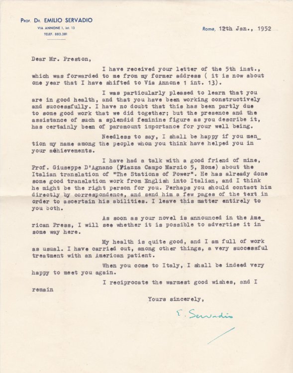 TYPED LETTER SIGNED by the ITALIAN FREUDIAN PSYCHOANALIST EMILIO SERVADIO to the author JOHN HYDE PRESTON, regarding the Italian translation of a novel Preston is writing.