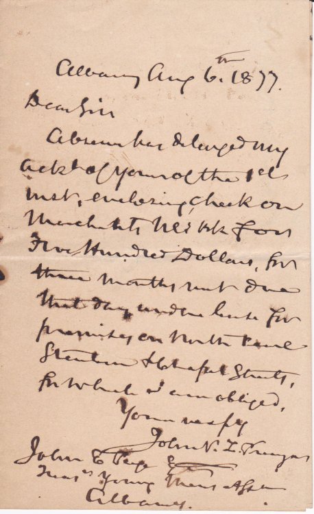 AUTOGRAPH LETTER SIGNED BY CONGRESSMAN AND PRESIDENT OF THE ALBANY INSTITUTE JOHN V. L. PRUYN.