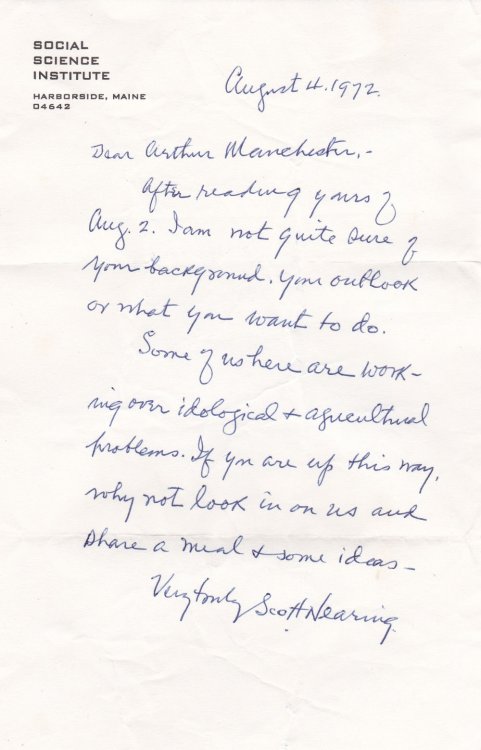 AUTOGRAPH LETTER SIGNED BY RADICAL ECONOMIST SCOTT NEARING INVITING HIS CORRESPONDENT TO VISIT.