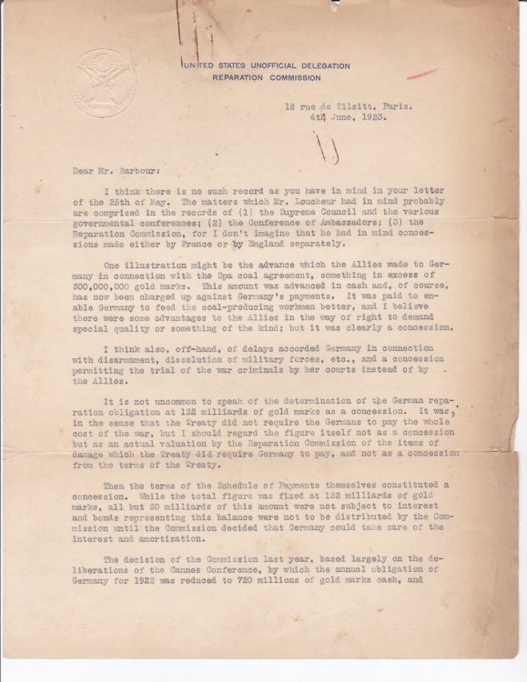 TWO TYPED LETTERS SIGNED by ROLAND WILLIAN BOYDEN as U.S. representative on the Reparation Commission, regarding concessions accorded Germany.