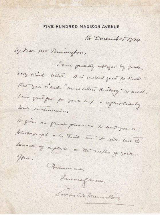 AUTOGRAPH LETTER SIGNED BY ENGLISH NOVELIST AND PLAYWRIGHT COSMO HAMILTON.