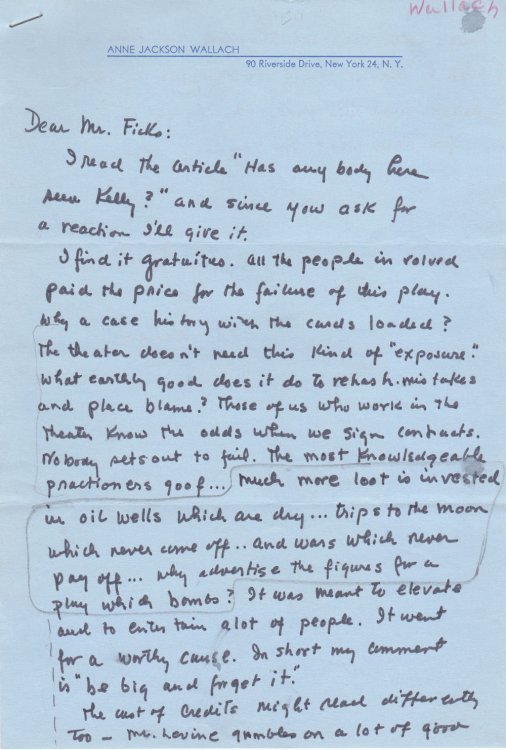 AUTOGRAPH LETTER ATTACKING A SATURDAY EVENING POST ARTICLE ON A FAILED PRODUCTION, SIGNED BY BOTH ANNE JACKSON WALLACH AND ELI WALLACH.