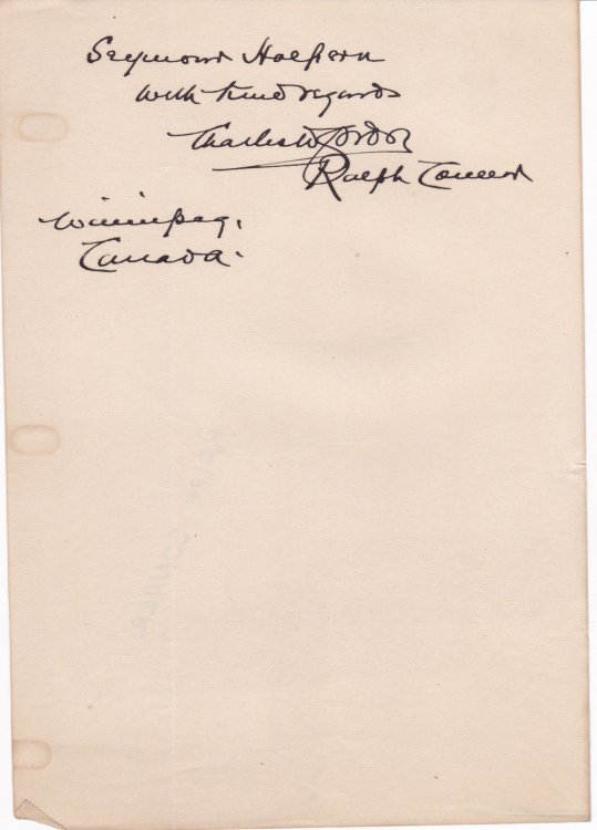 AUTOGRAPH INSCRIPTION SIGNED BY THE POPULAR CANADIAN NOVELIST WITH BOTH HIS PEN NAME RALPH CONNOR AND HIS GIVEN NAME CHARLES W. GORDON.
