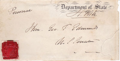 FREE FRANK OF U.S. SECRETARY OF STATE HAMILTON FISH ON THE FRONT COVER OF AN ENVELOPE ADDRESSED TO VERMONT SENATOR GEORGE F. EDMUNDS. WITH WAX SEAL.