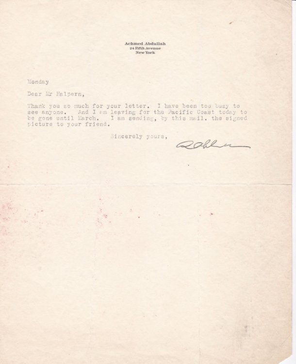 TYPED LETTER SIGNED BY AMERICAN AUTHOR AND SCREENWRITER ACHMED ABDULLAH.