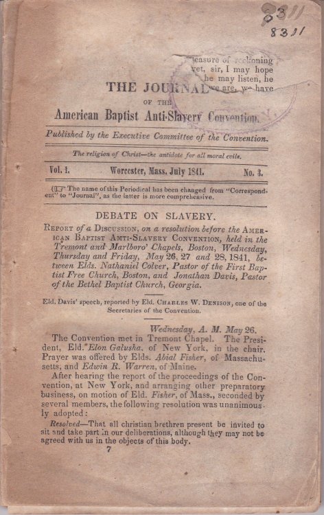 DEBATE ON SLAVERY. (In the Journal of the American Baptist Anti-Slavery Convention, Vol. 1, No. 3).