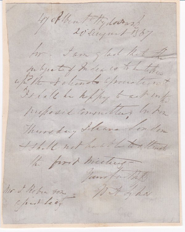 AUTOGRAPH LETTER SIGNED BY ORNITHOLOGIST, STATISTICIAN AND INDOLOGIST WILLIAM HENRY SYKES WHO SERVED WITH THE BRITISH MILITARY IN INDIA.
