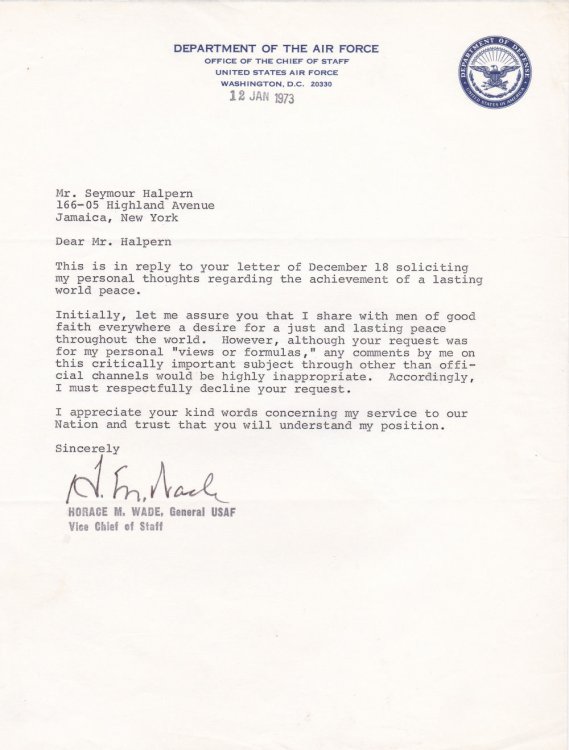 TYPED LETTER SIGNED BY VICE CHIEF OF STAFF OF THE U.S. AIR FORCE, GENERAL HORACE M. WADE.