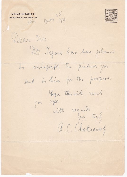 AUTOGRAPH LETTER SIGNED BY AMIYA CHAKRAVARTY, BENGALI POET AND CLOSE ASSOCIATE OF RABINDRATH TAGORE.