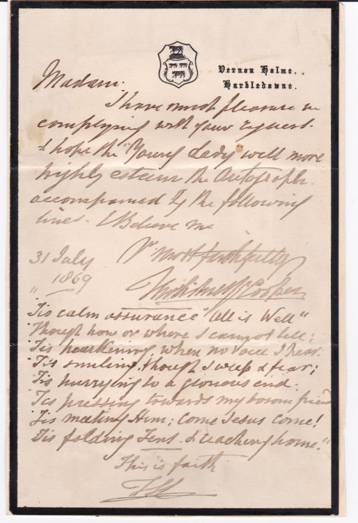 AUTOGRAPH LETTER SIGNED BY ENGLISH ANIMAL AND LANDSCAPE PAINTER THOMAS SIDNEY COOPER SENDING HIS AUTOGRAPH TO A YOUNG LADY, adding eight lines of verse and signing again with his initials.
