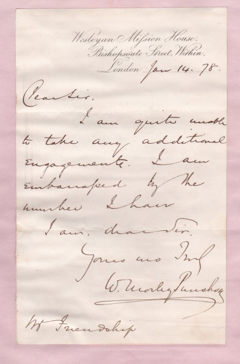 AUTOGRAPH LETTER SIGNED BY NONCONFORMIST MINISTER WILLIAM MORLEY PUNSHON.