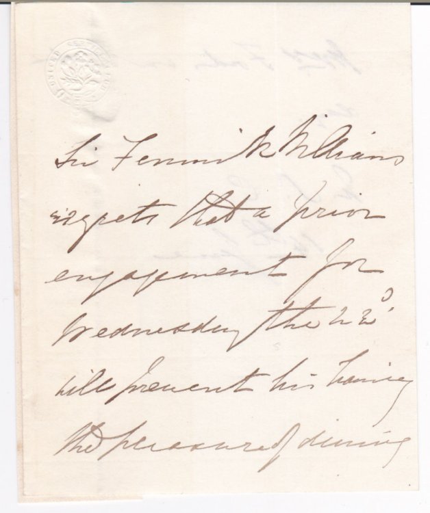 AUTOGRAPH NOTE SIGNED in the text by CRIMEAN WAR MILITARY LEADER and GOVERNOR of NOVA SCOTIA GENERAL SIR WILLIAM FENWICK, 1ST BARONET OF KARS.