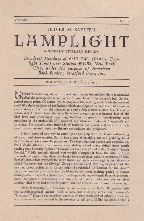 OLIVER M. SAYLER'S LAMPLIGHT Volume I, No. 1. A Weekly Literary Review. Broadcast Mondays.over Station WGBS, New York City, under the auspices of American Book Bindery--Stratford Press, Inc. Together with a Pond Bureau brochure promoting a Sayler lecture.