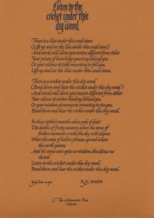LISTEN TO THE CRICKET UNDER THIS DRY WOOD. (Broadside).