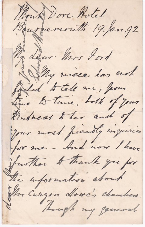 A FOUR-PAGE AUTOGRAPH LETTER SIGNED by the British General and Literary Figure SIR EDWARD BRUCE HAMLEY to Mrs. Mary Ford, widow of Richard Ford who wrote the popular 