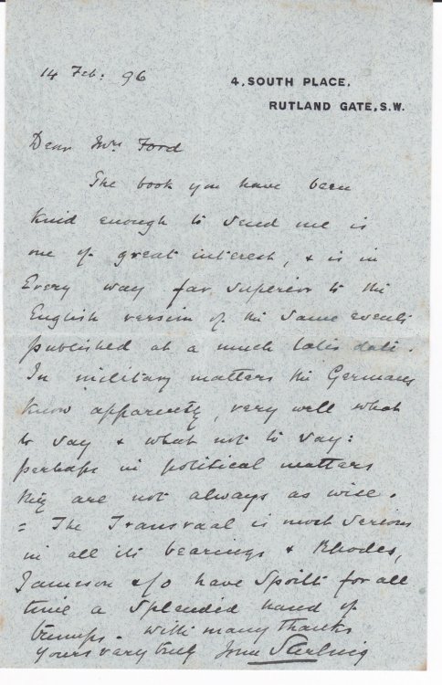 AUTOGRAPH LETTER SIGNED BY SOLDIER AND WRITER ON MILITARY MATTERS MAJOR-GENERAL JOHN BARTON STERLING.