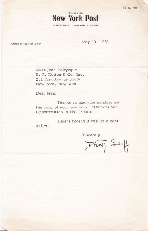 TYPED LETTER TO CITY CENTER PRODUCER JEAN DALRYMPLE SIGNED BY NEW YORK POST PUBLISHER DOROTHY SCHIFF, NEW YORK'S FIRST FEMALE NEWSPAPER PUBLISHER.