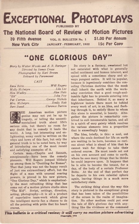 EXCEPTIONAL PHOTOPLAYS. Vol. II. Bulletin No. 1. January-February, 1922.