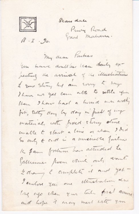 AUTOGRAPH LETTER TO AUTHOR KINETON PARKES SIGNED BY ILLUSTRATOR AND LANDSCAPE PAINTER ALAN WRIGHT.