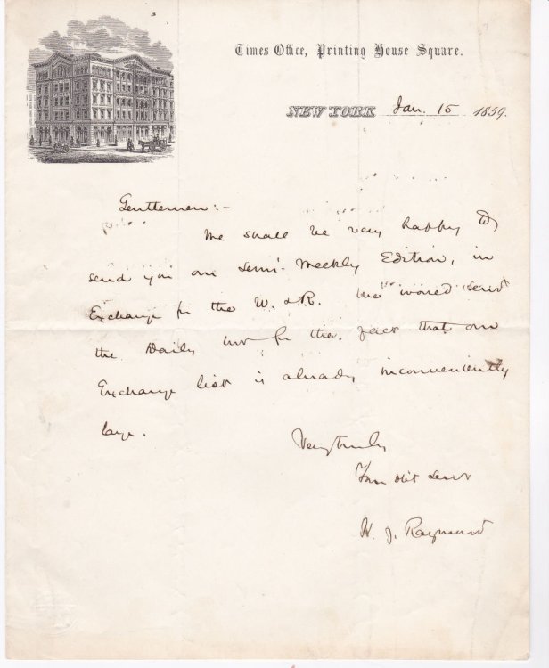 AUTOGRAPH LETTER ON PICTORIAL LETTERHEAD SIGNED BY CO-FOUNDER OF THE NEW YORK TIMES HENRY JARVIS RAYMOND.