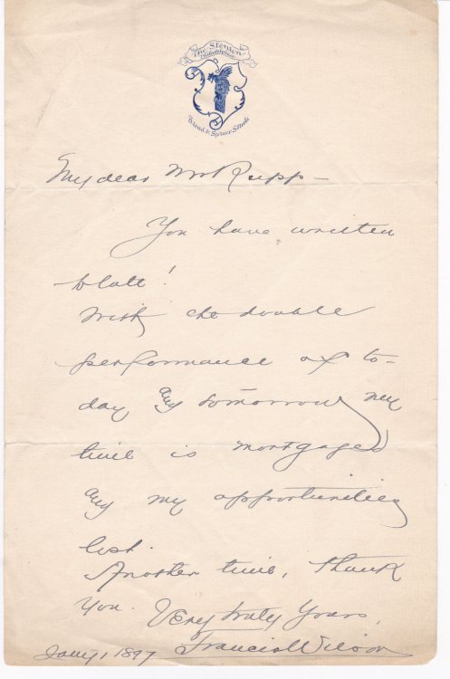 AUTOGRAPH LETTER SIGNED BY AMERICAN STAGE ACTOR AND FOUNDING PRESIDENT OF ACTORS EQUITY FRANCIS WILSON.