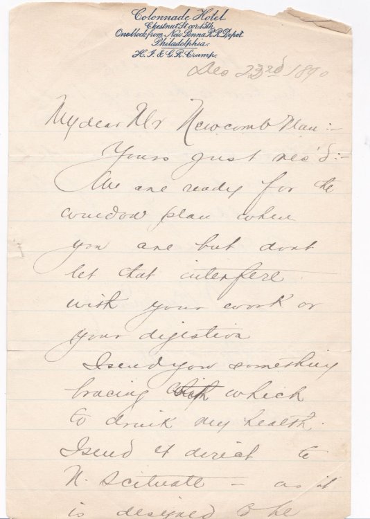 A FRIENDLY, HUMOROUSLY SARCASTIC LETTER TO ARCHITECT EDGAR ALLEN POE NEWCOMB SIGNED BY AMERICAN STAGE ACTOR FRANCIS WILSON.