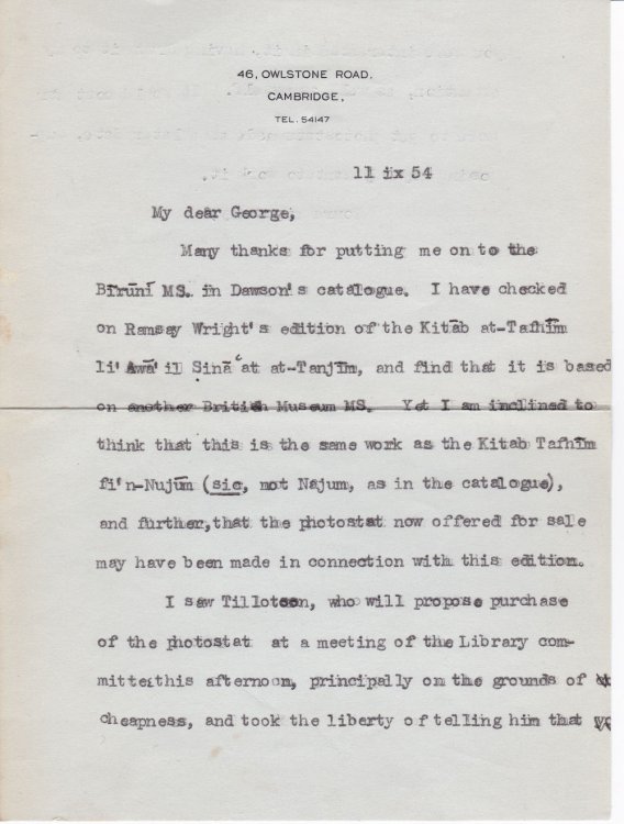 Image for TYPED LETTER ABOUT A PHOTOSTAT OF AN ISLAMIC MANUSCRIPT SIGNED BY BRITISH ORIENTALIST AND ISLAMIC SCHOLAR DOUGLAS MORTON DUNLOP. TYPED LETTER ABOUT A PHOTOSTAT OF AN ISLAMIC MANUSCRIPT SIGNED BY BRITISH ORIENTALIST AND ISLAMIC SCHOLAR DOUGLAS MORTON DUNLOP.