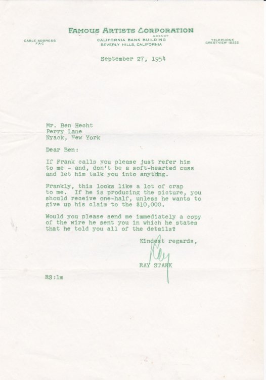 FIVE TYPED LETTERS SIGNED by the Hollywood Producer & Agent RAY STARK to the Novelist & Screenwriter BEN HECHT & his wife, regarding FILM PRODUCTIONS of HECHT'S 