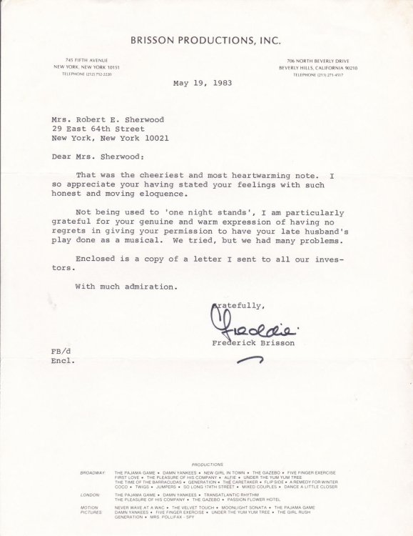 TYPED LETTER TO THE WIDOW OF ROBERT E. SHERWOOD ABOUT THE FAILURE OF 