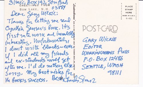 AUTOGRAPH LETTER TO THE EDITOR OF WORKINGMAN'S PRESS SIGNED BY PULITZER PRIZE-WINNING POET CHARLES SIMIC.