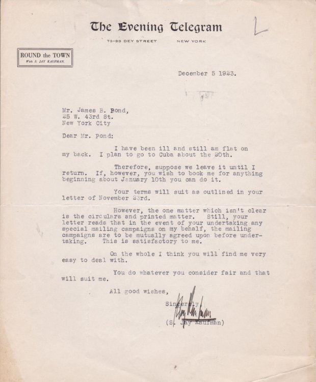 TYPED LETTER TO IMPRESARIO JAMES POND ABOUT A LECTURE SERIES SIGNED BY BROADWAY PRODUCER AND DIRECTOR S. JAY KAUFMAN.